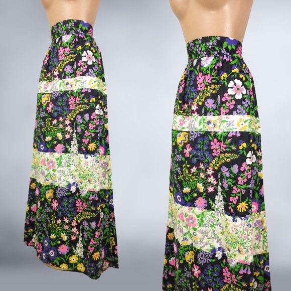 VINTAGE 70s Botanical Black & White Color Block Maxi Skirt with Sequins 27" Wais - Picture 4 of 8